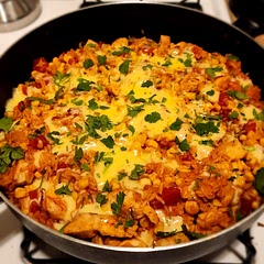 Added onions in halfway through chicken cooking, added the optional corn, and used more spices and cilantro to garnish. Oh and of course a loooot of cheese on top lol Very good and easy!