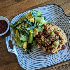 used my well trusted rice cooker with all the measurements as is. It turned out great but I’d reduce the amount of dried shrimp next time.