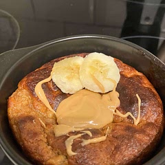 Yum! But pretty small. I used protein powder instead of flour and topped with peanut butter and I put a square of chocolate in the centre of the mixture! Mine took 20mins in the oven.