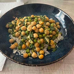 Used all the peas; used Thai green curry paste and used it all. Used basmati rice cups that I just made at the end as needed. Also added a little garram Masala and dried cilantro.  The second day I added a little ground turkey to my leftovers.