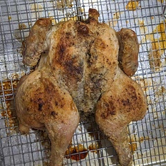 Really good! Definitely line the pan with foil as recommended to help cleanup. I feel like too much salt for the skin but I did use a smaller chicken.