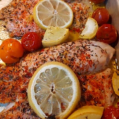 Added tomatoes and squash to the pan and roasted it all together.  Pretty solid.  Went heavy on paprika and pepper flakes per our personal preference, and zested a whole lemon.  Overall tasty, versatile recipe that can be applied to different cuisines. 