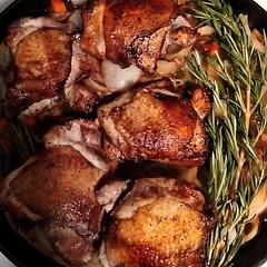 Honestly one of the best meals I've ever made. The skin was super crispy, the meat melted in your mouth like butter with so much flavor from the herbs and wine. The mushrooms, onions, and carrot added that comfort aspect. 10/10 wouldn't change anything about it.
