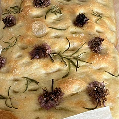 Very easy recipe to follow and it turned out perfectly!  We attempt to dimple the dough more thoroughly next time I make it but even without it the texture was great. I’m adding this to my recipe rotation! Topped with rosemary and chive blossoms