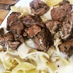 Beef seasoned with pepper, garlic, thyme. Seared in butter and cooked as directed. 
Mashed potatoes have butter, cream, rosemary, and lavender. 
Make sure you cook your noodles in broth instead of water for ultimate flavor!