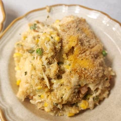 Added a can of corn,  bag of frozen vegetables and bread crumbs on top.  