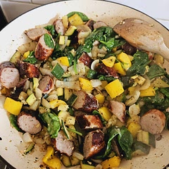 Added some spinach to bulk it up a bit and a splash of Balsamic vinegar. 
Maybe serve with garlic baby potatoes next time. I have a very hungry family 