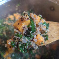 Used premade quinoa pouches so only added a couple of splashes of veggie broth while the sweet potatoes were cooking. The recipe is simple and maybe a little on the bland side but is perfect for work lunch meal prep. 