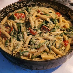 Very good! Pretty quick and easy. I would say to put the milk in at the beginning to have more volume to boil the pasta in.  And we had cherry tomatoes on hand so charred those and put them in instead of the sundried.