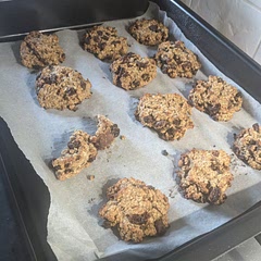 Subbed almond butter for peanut butter & used agave syrup instead of maple. Quick & simple to make & tasty too! (As you can see I snaffled one right off the baking tray before it even had time to cool 😂)