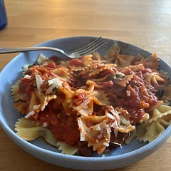 This recipe didn’t have a method. Made it a little tricky for lil chefo. Switching out gluten free pasta for fafelina was a necessity