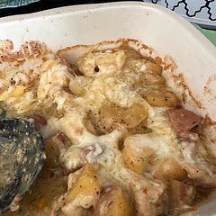I ended up having to put it into a baking disk and putting it in the oven to get the potatoes to be soft enough to eat. But it was delicious! I forgot to take a full picture of it before digging in so excuse the not so clean presentation lol