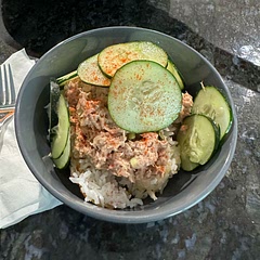Crispy rice was easy and tasty, cucumbers were nice and fresh. Didn’t have the spices to add to the tuna fish, but it was still good