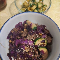 I doubled the sauce, added peanuts & sesame oil. I didn't realize I didn't have carrots, so I used zucchini. I used red cabbage. It was too spicy for me, but my husband added more sriracha on his. 