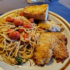 Very simple.  Served with pasta and cherry tomatoes.  I like the baking aspect so I can have it in the oven while I prepare the pasta.