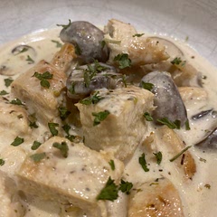 I cut up the chicken into pieces before adding it back into the sauce, just to make it easier for serving and eating. I definitely went a little on the shorter end for timing the chicken, I just temped it.