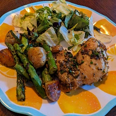 Too much oregano for us, but not horrendously so. Next time I'll add green beans and possibly mushrooms or zucchini. Also, maybe thicken the broth a bit. 