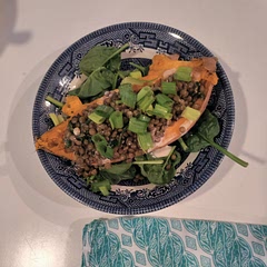 I used 400 g of dried lentils, way too much! Otherwise, outstanding. I'll def make it again. Boyfriend had 2 helpings and there are leftovers for lunch. Scooped out sweet potatoe saved for another dish.