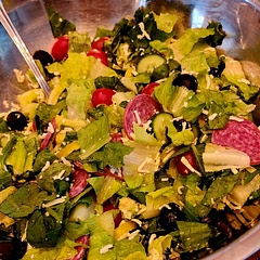 I didn't have the mozzarella pearls,  so I  just used shredded mozzarella.  A hearty salad that could substitute as a main course!