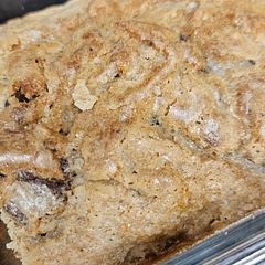 I made the top crispy by sprinkling sugar on top and keeping it close to the heat at the end. 

It needs more moisture, so next time I will cut the flour to 1.25 cups. 