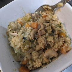 I added some mushrooms and celery as well. Definitely use the chicken thighs and not breast meat - I don't think that would work as well. It's a simple dish and my husband ate it without complaint, so I call it a win!