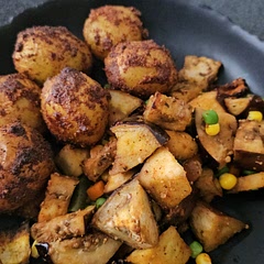 Made Dinner tonight kept it simple tonight cooked in the air fryer servings are depending on how many eggplants you use I used one large one and one bag of baby yellow potatoes and one bag of mixed vegetables 