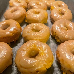 More cake than donut in texture, but still quick and good. 
Did a caramel frosting - will add recipe for it!