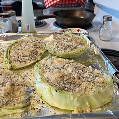 I added garlic too! Weird to actually cut and eat because the cabbage is in these huge pieces and doesn’t stay together well when cutting with fork and knife, but delicious!