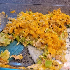 I used rotisserie chicken, 3 cups of broccoli, a can of cream of broccoli soup, half a can of cheddar soup and shredded my own cheese ( don't use bagged cheese). It came out delicious 