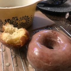 First time making donuts. I fried them in canola oil and used a fry daddy— they came out light and fluffy—- the glaze is yummy too.