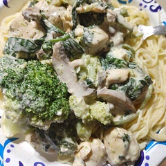 Substituted mushrooms for tomatoes unused frozen broccoli. I would add a little more salt but the rest of the family isn't big on the salt. Kids wanted angel hair pasta for a "fancy pasta dish"