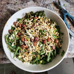 Subbed pecans for hazelnuts and sunflower seeds. Roasted the green beans and broccoli first. Subbed honey for maple syrup and added 1 tablespoon evoo to dressing. Left out avocado because i added fat in the form of extra nuts and olive oil. Was very good, would remove broccolini stems next time but that's my bad. 
