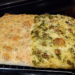 This is my first time ever making focaccia and the recipe was easy enough to follow even though there are a lot of steps. I struggled with the stretching of the dough parts, but think it turned out okay in the end. I don't think I pressed enough into the dough to form the divets and will try again next time as I will definitely make this again. I did half rosemary with salt and cheese and the other half pesto, olives and cheese. I tried it and it tastes delicious 😊