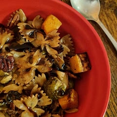 This was really nice. I added bacon lardons in with the Brussels when I roasted them. Just to satisfy my need for meat, but this would have been just as nice without. Topped with pomegranate molasses, balsamic glaze, and maple syrup. 🍁 