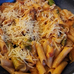 Made some adjustments to lighten up but sauce was delicious! Used a GF pasta, Fat free half n half, shredded parm, added asparagus and a lighter butter option. Definitely making this again!