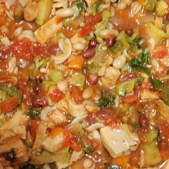 Absolutely a hit!! Added Quorn "chicken" pieces. Didn't have celery or zucchini so I added chopped broccoli (including stalks) in while sauteing the onions and garlic. Doubled the beans (1 can of each)