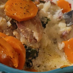I made red potato and thin sliced carrots w. Honey cinnamon butter for sides. Since this is mostly like a chicken stew in a way I just put it altogether in a bowl. It's tasty... I also used 3 tbs sherry instead of 2 cups white wine. Ty!