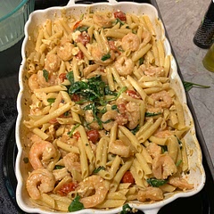 Wowza was this yummy! Hubs said should be on the regular meal rotation. Put it in a 9x13 pan to be able to add more shrimp and noodles. Used fresh cherry tomatoes from the garden- Wouldn’t change a thing!
