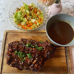 I used soy sauce instead of Worcestershire and chinese black vinegar instead of apple cider vinegar. I also reduced the sugar.
Goes well with some mixed veggies!