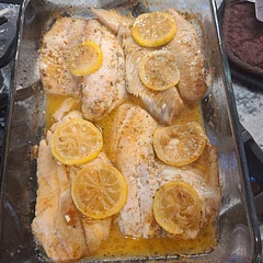 I used tilapia. It was really easy and good. I think next time I'll sub oregano for dill. I just like dill with fish better.