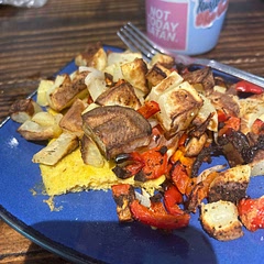 I used just egg instead of going through the overnight process with mung bean. I also air fried the potatoes and this is a very flavorful and delicious breakfast