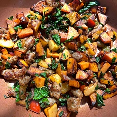 easy and simple. full of great flavors and colors. halved the recipe, used a gala apple and added green, red, yellow, and little of jalapeño peppers. forgot the sage and it was still tasty. definitely a new go-to.