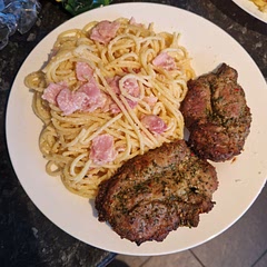 I added more than 3 slices of bacon and full fat so it didn't crisp cause there was a lot of juice from it in the pan! Added some Greek style pork kebabs on side! All together was delicious! 