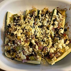 I used feta cheese and put sesame oil in my zucchini before adding the rest.