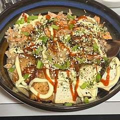 Instead of mushrooms, I marinated some tofu in a mirin-miso-oyster sauce combo for 5 hours and baked it at 350° F for 20 minutes. We used coconut milk and chicken broth instead of water for the rice. It turned out amazing!