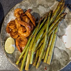 The recipe for both items was great, but I would not make them both together again. Too much spice. Individually both the shrimp and asparagus were delicious. I used lime instead of lemon and did not use parsley or red pepper flakes.