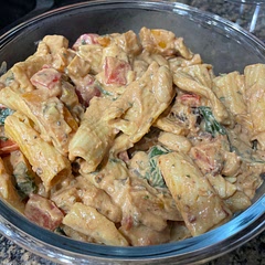 Absolutely delicious! Had to add half the spinach called for, just to have any sauce left over for the pasta. Could even cut one pepper out of you want it to be super saucy. Recommend only using 8oz pasta. Amazing recipe!!!