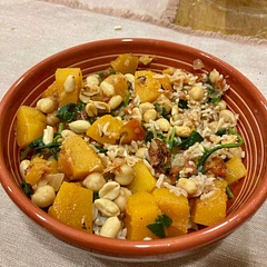 Cutting and peeling a butternut squash was the most difficult part. It was worth the pain and suffering, at least for this hungry vegetarian. I added chickpeas and extra cream. The nuts are a must.