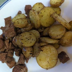 We put the potatoes in the oven on a sheet pan @350F until the steak was done. 

Also made a beef gravy with the leftover beef juices.