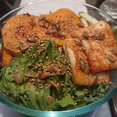 I didn't know what to expect when preparing a salad without dressing but it was phenomenal!  I couldn't fine Halloumi so I used Heber Valley Queso Fresco because it has a high melting point. I also steamed the zucchini before dishing.